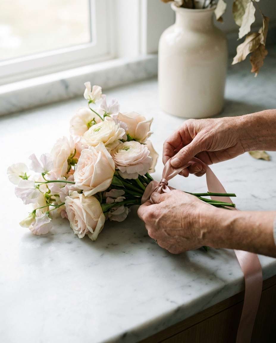 hands tie bouquet ribbon photo