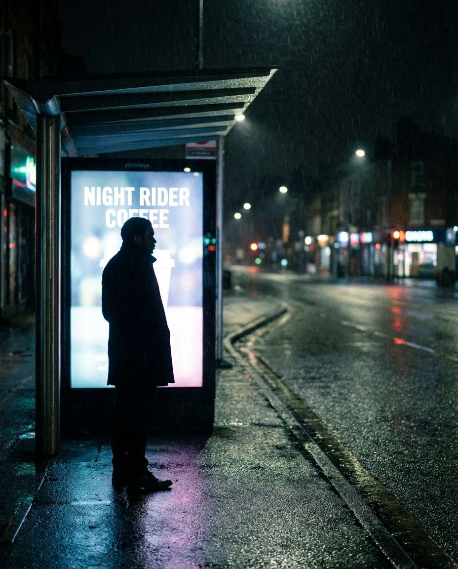 night bus stop glow photo