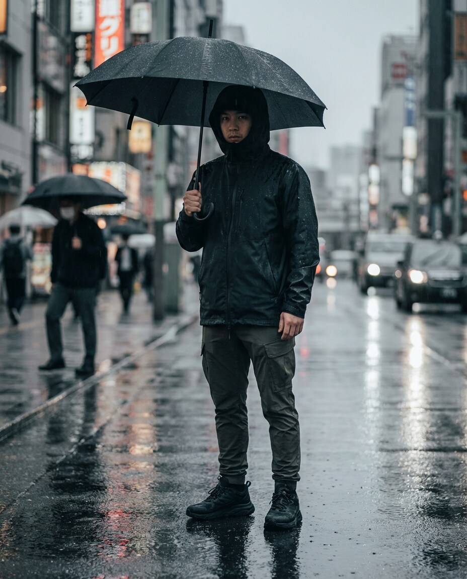 hood up rainy city photo