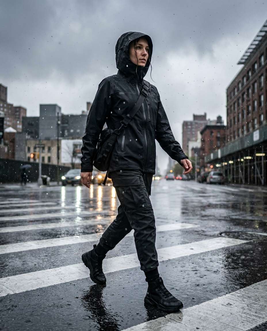 techwear rainy street photo