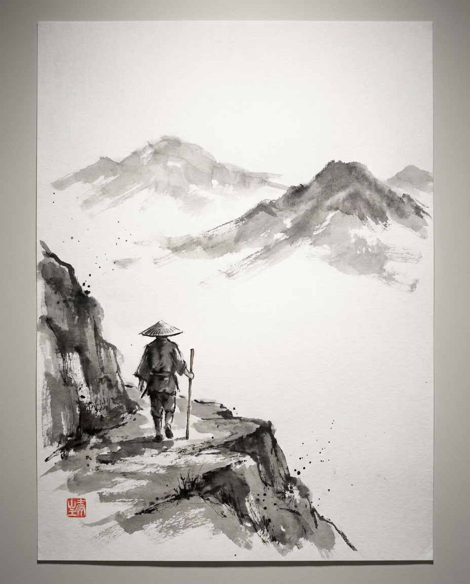 misty mountain traveler photo