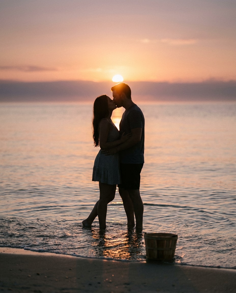 beach silhouette kiss photo