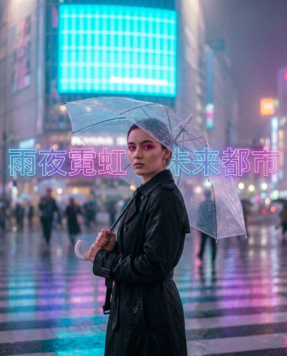 neon rain street photo