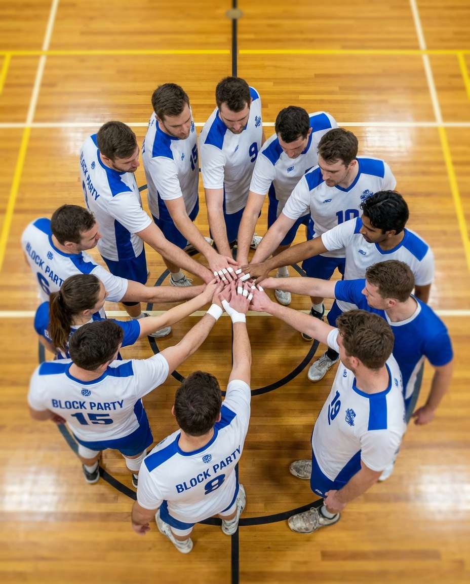 overhead team huddle photo
