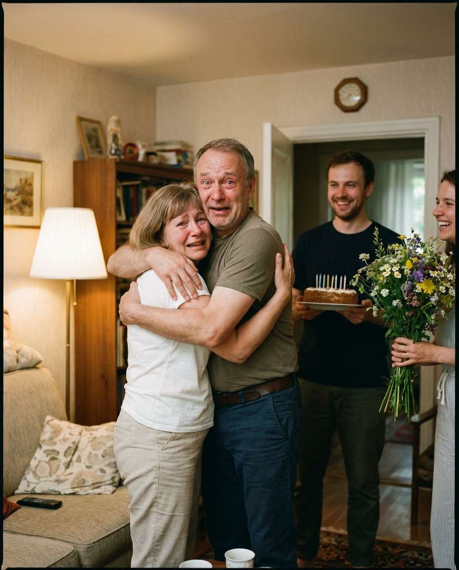 family surprise hug photo