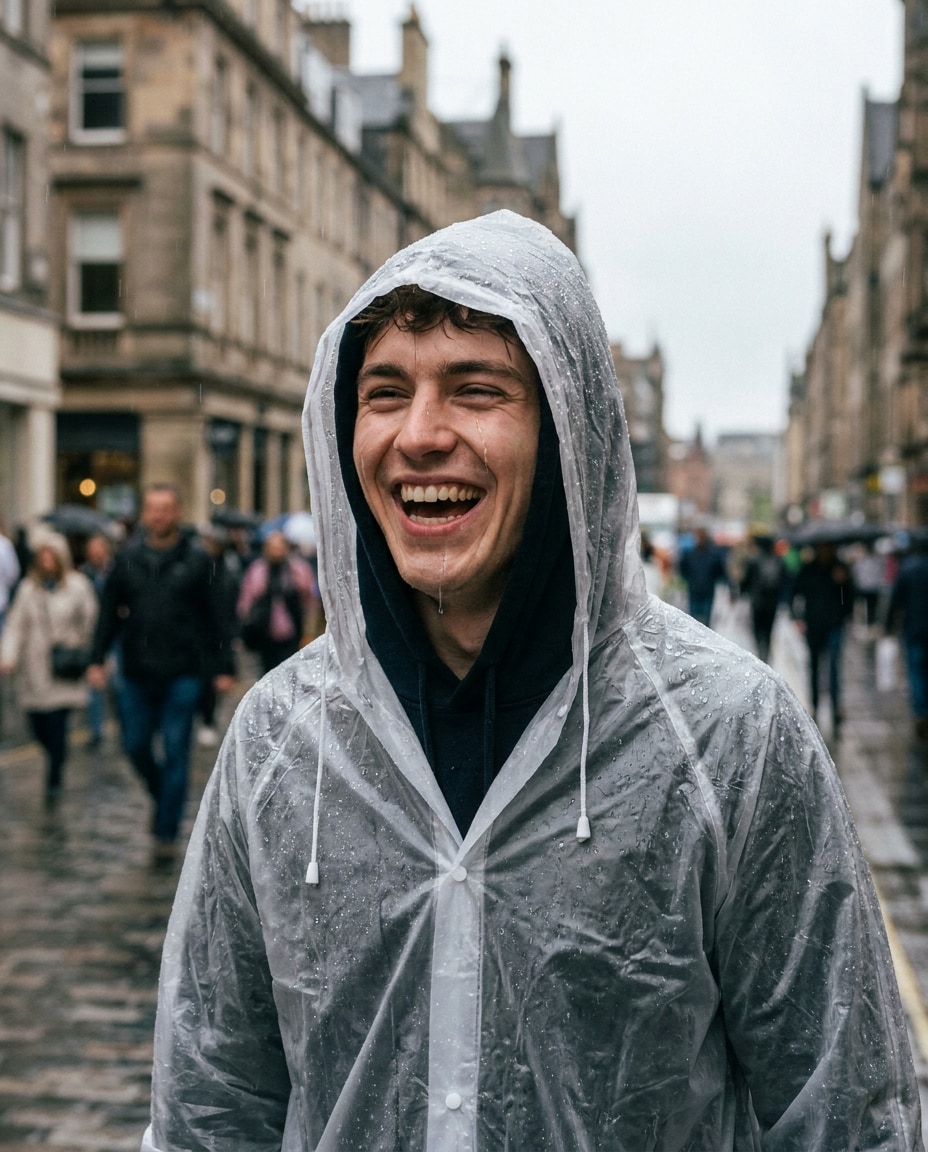 raincoat candid laugh photo