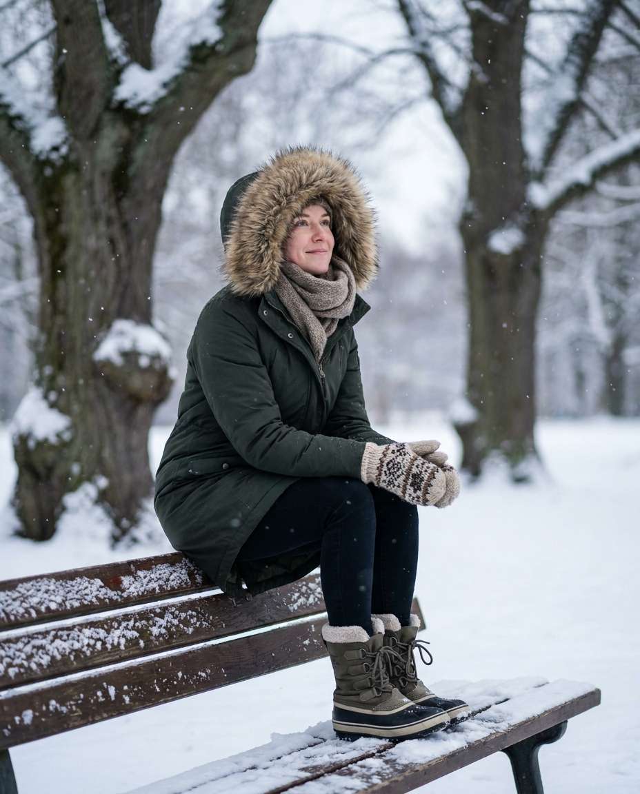snowy park bench photo