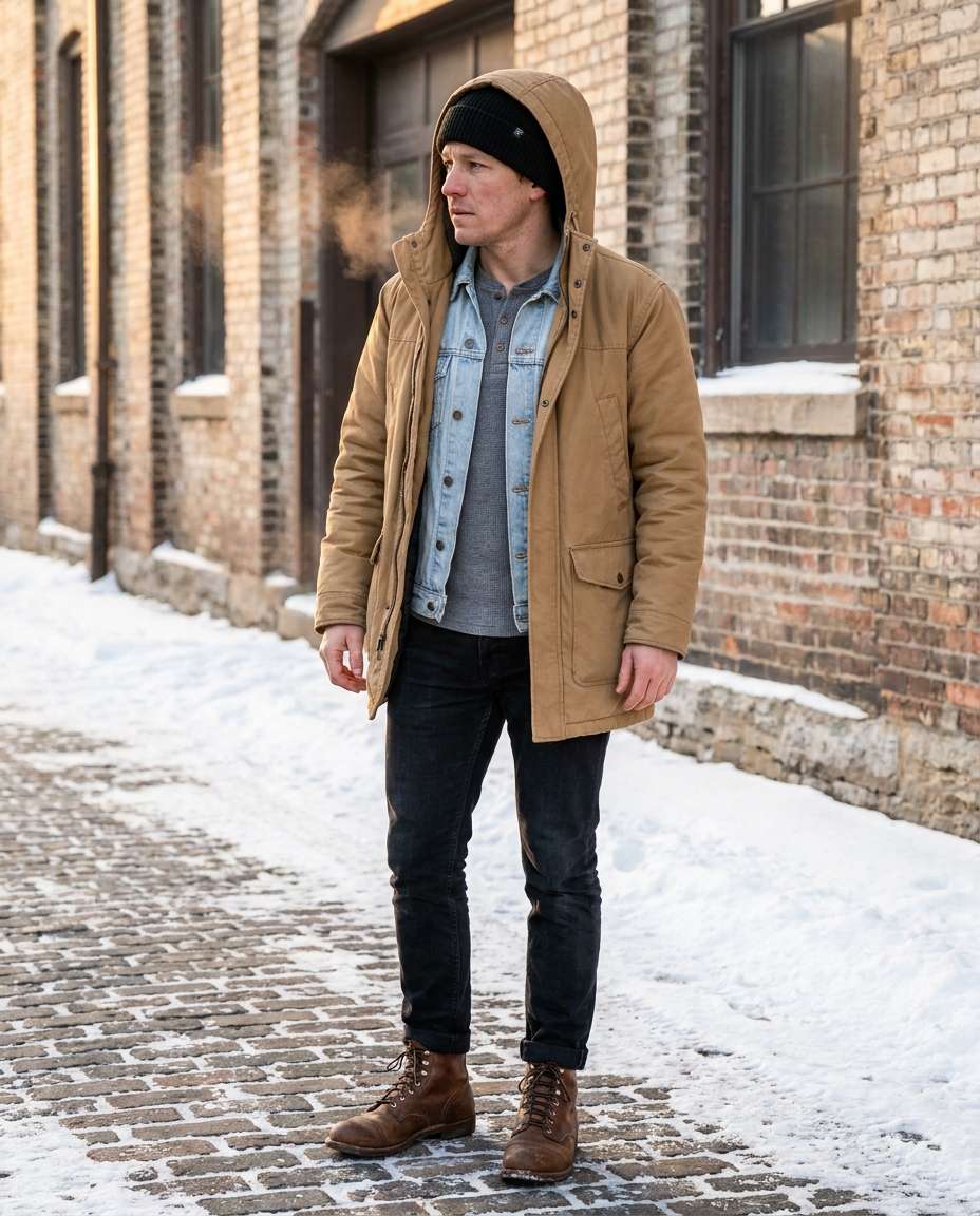 snow day denim layers photo