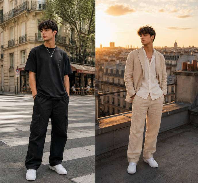 Sunset Rooftop Linen — illustrative image-to-image before and after