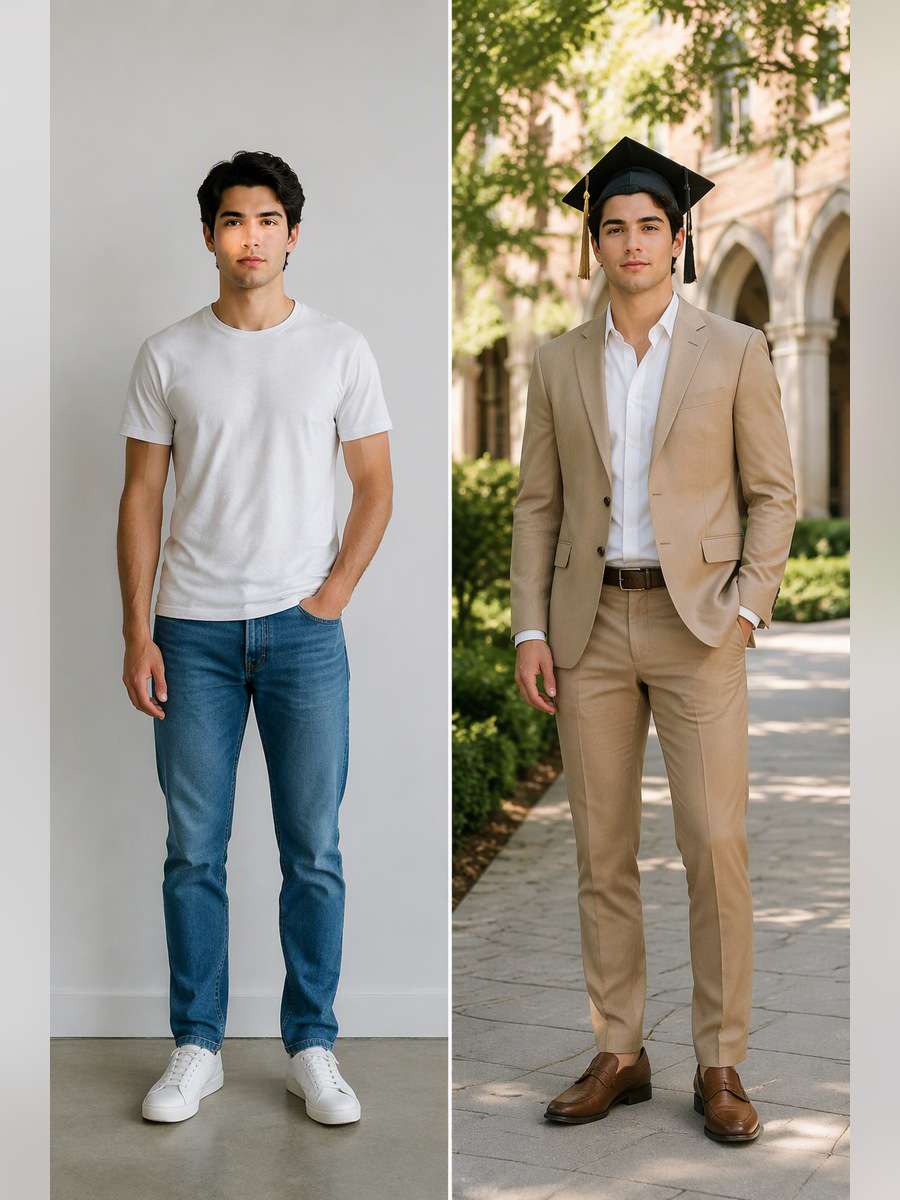 Light Tan Graduation Portrait — illustrative image-to-image before and after