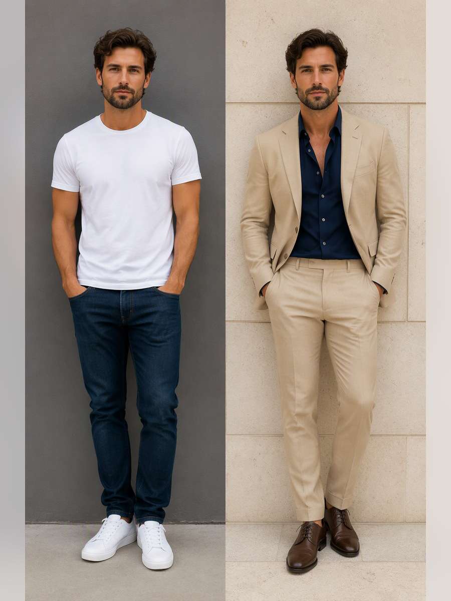 Beige Suit with Navy Shirt — illustrative image-to-image before and after