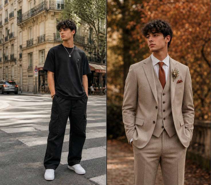 Rust Tie Autumn Guest — illustrative image-to-image before and after