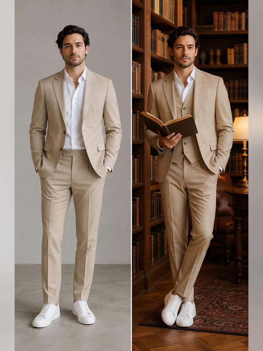 Beige Three-Piece at a Library — illustrative image-to-image before and after