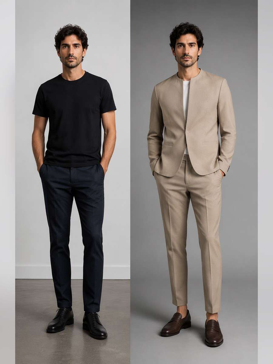 Modern Beige Collarless Set — illustrative image-to-image before and after