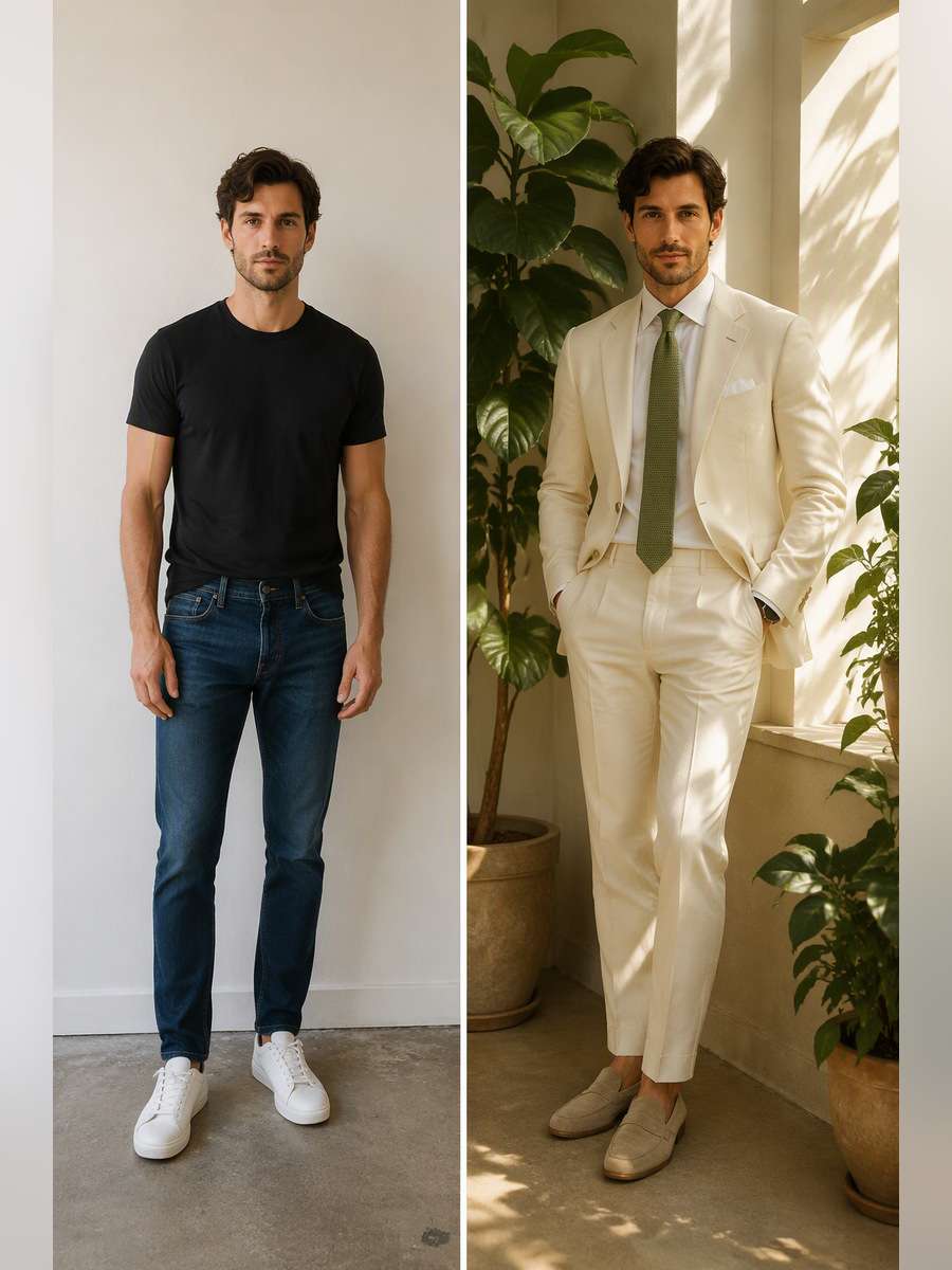 Cream Suit and Botanical Light — illustrative image-to-image before and after
