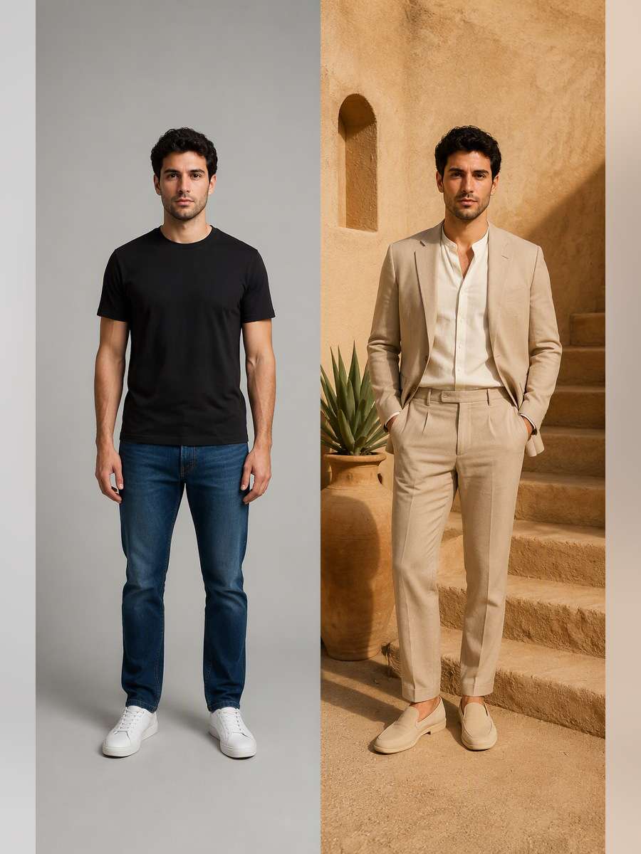 Desert Neutral Portrait — illustrative image-to-image before and after