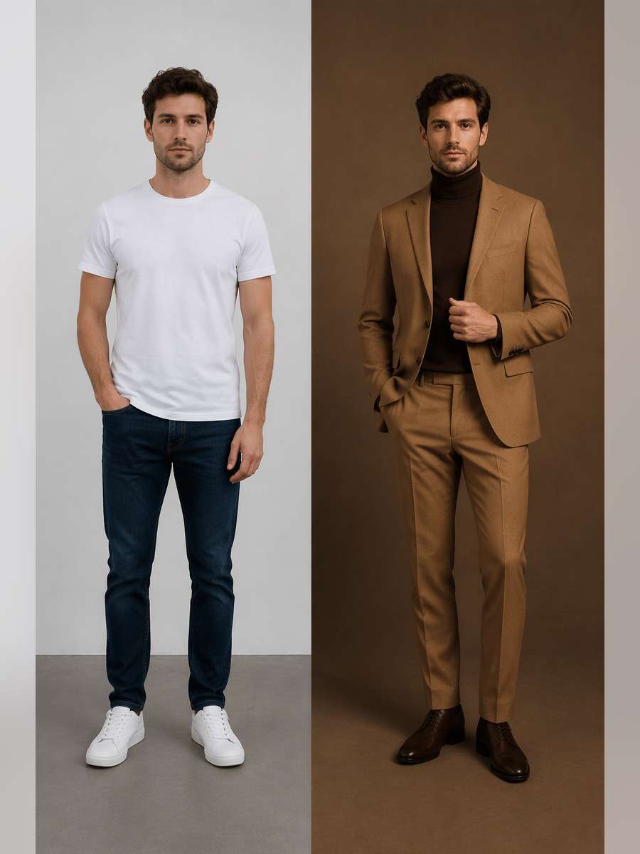 Camel Suit with Chocolate Knit — illustrative image-to-image before and after