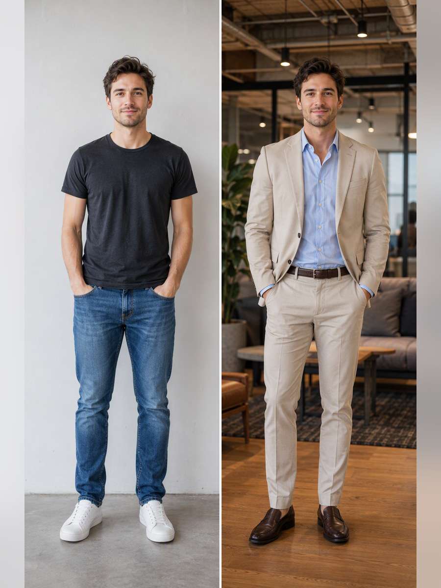 Pale Beige Business Casual — illustrative image-to-image before and after