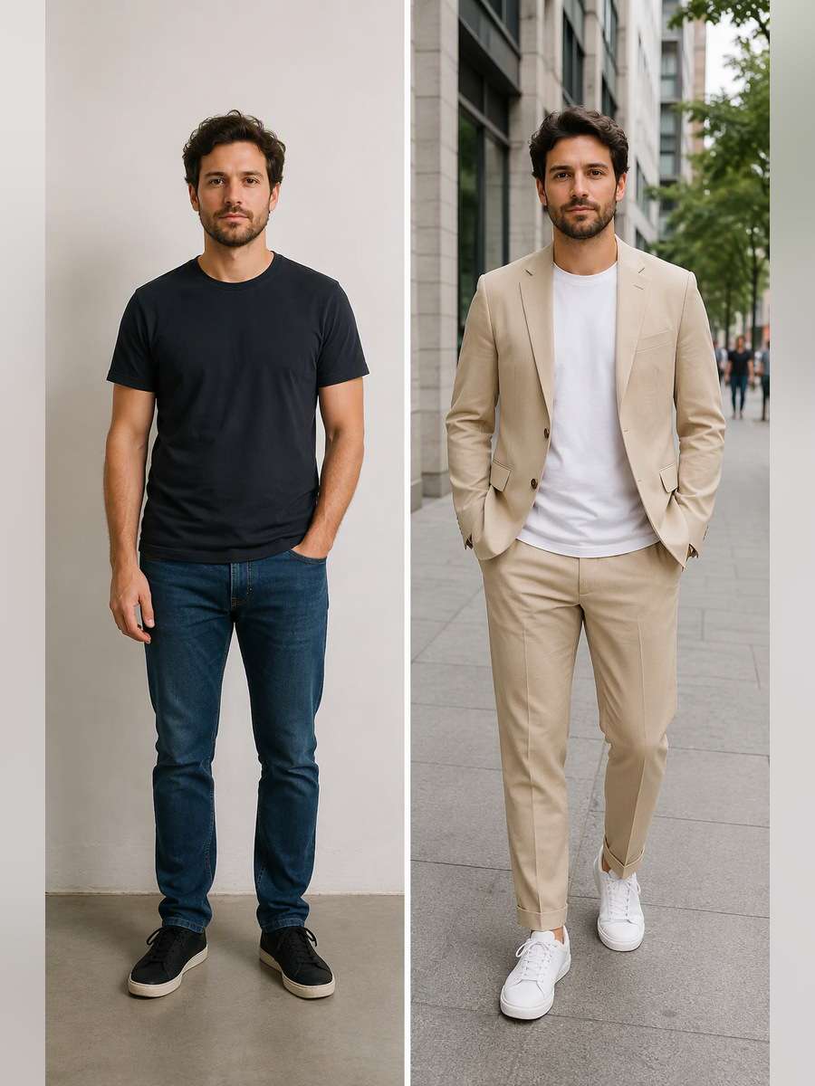 White Sneakers and Beige Suit — illustrative image-to-image before and after