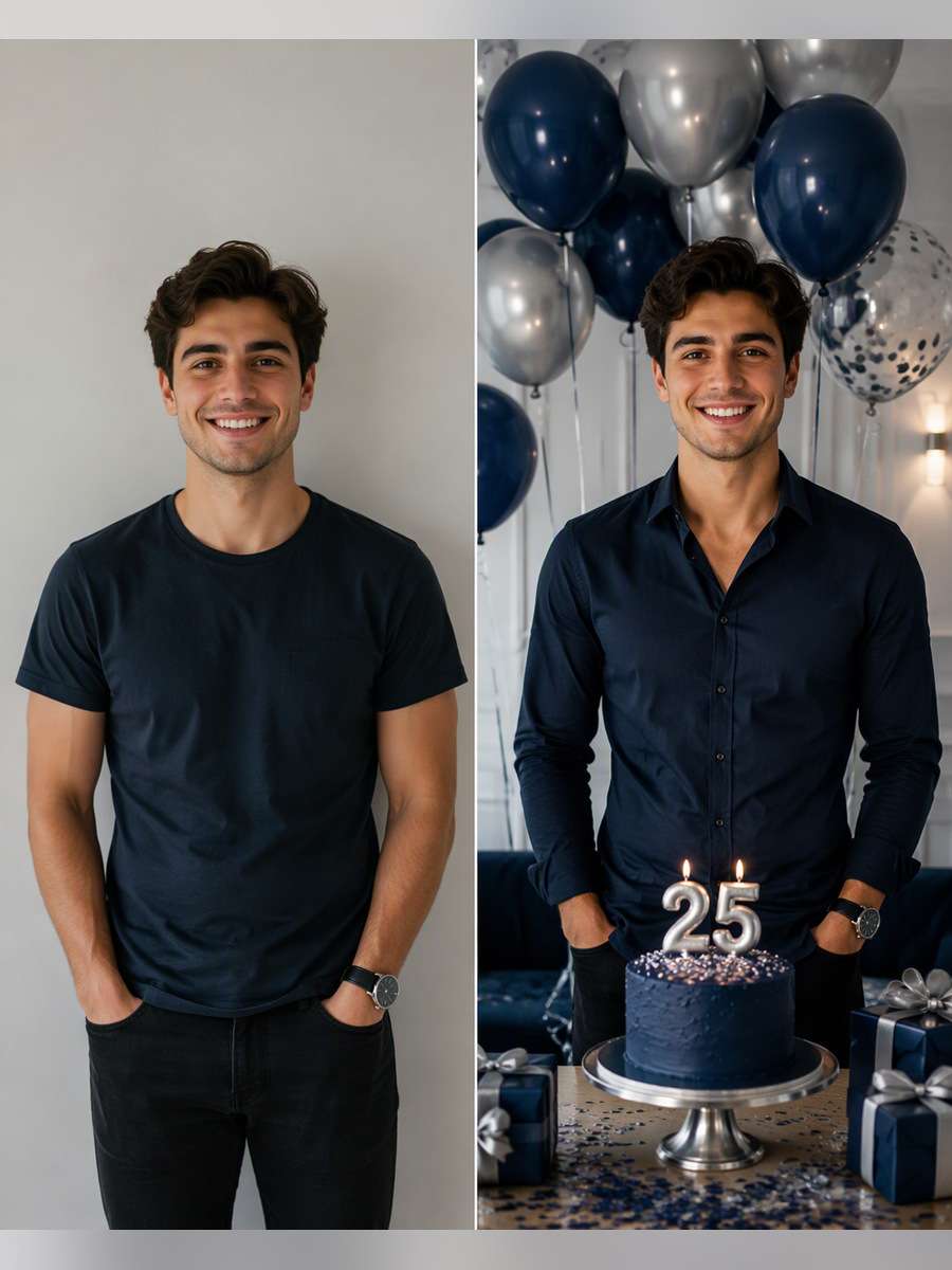 Navy Blue Milestone Setup — illustrative image-to-image before and after