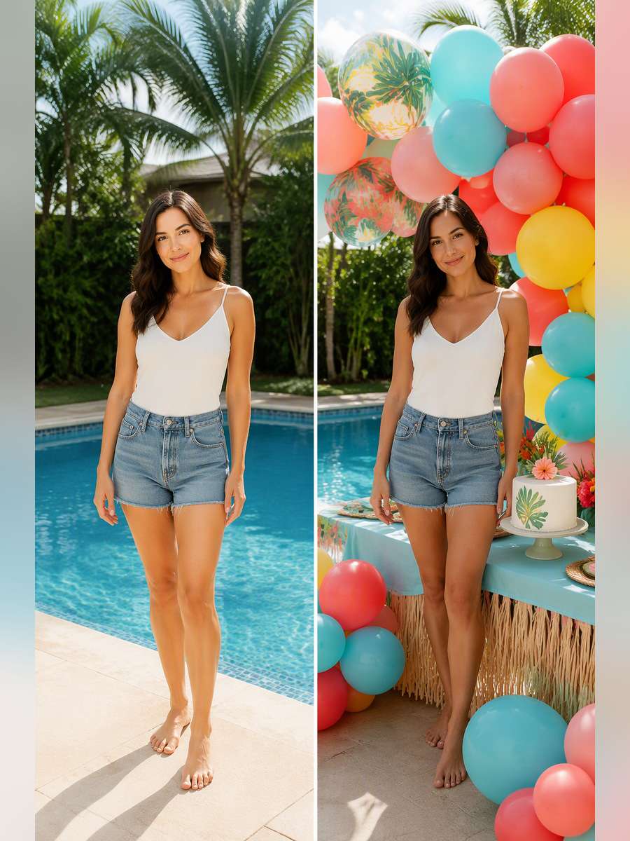 Tropical Poolside Latex Cluster — illustrative image-to-image before and after