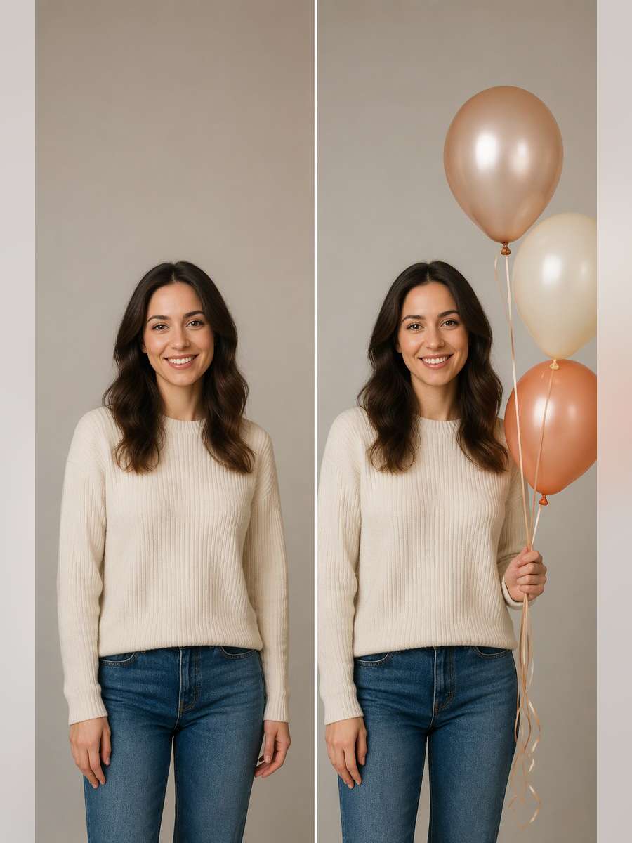 Minimal Three-Balloon Portrait — illustrative image-to-image before and after