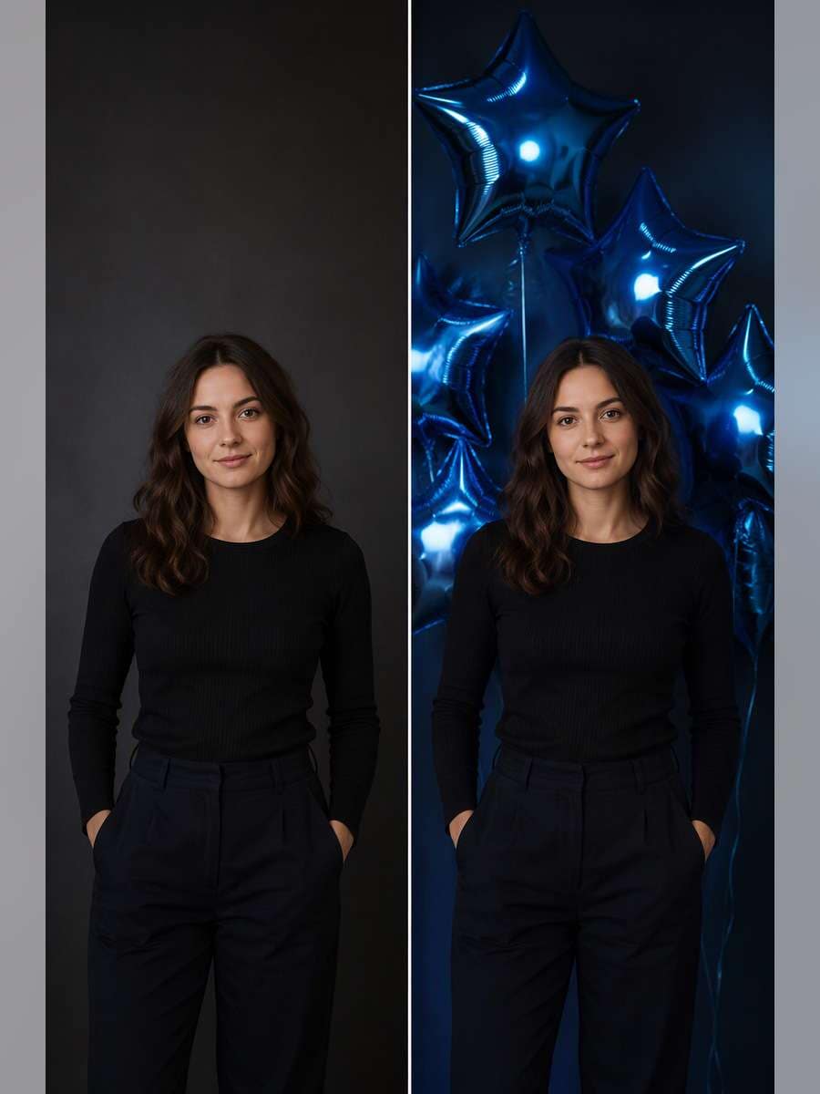 Blue Star Foil Balloon Scene — illustrative image-to-image before and after