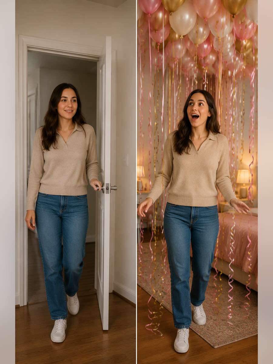 Ceiling Ribbons Birthday Reveal — illustrative image-to-image before and after