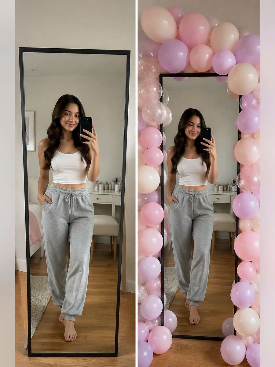 Balloon Garland Around Mirror — illustrative image-to-image before and after