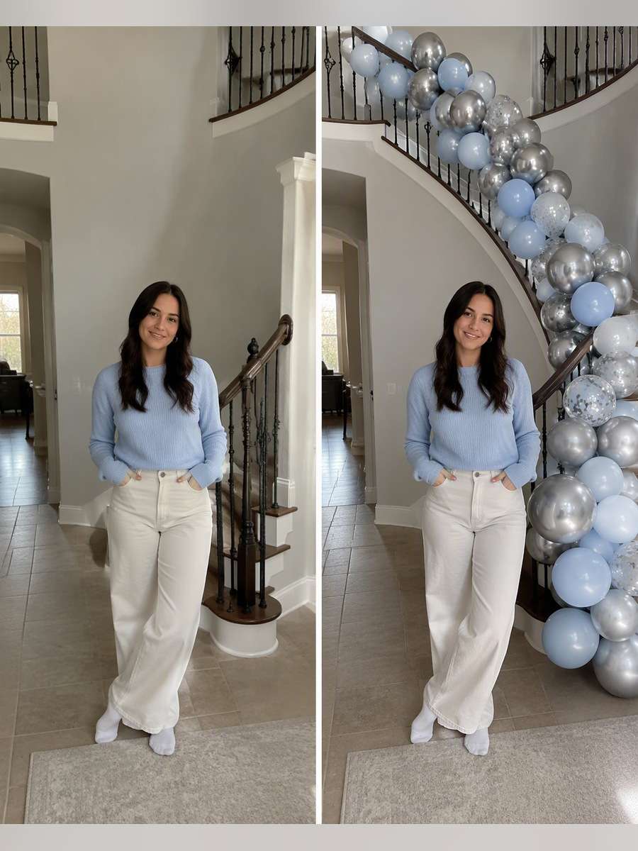 Silver Balloon Staircase — illustrative image-to-image before and after