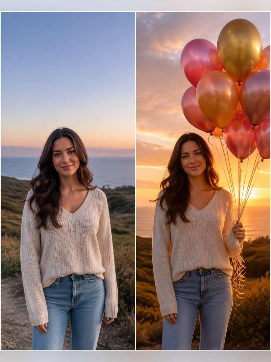 Sunset Helium Balloon Bouquet — illustrative image-to-image before and after
