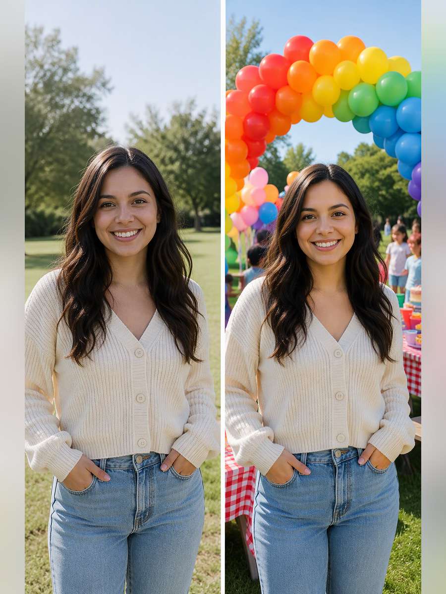 Rainbow Outdoor Party Arch — illustrative image-to-image before and after
