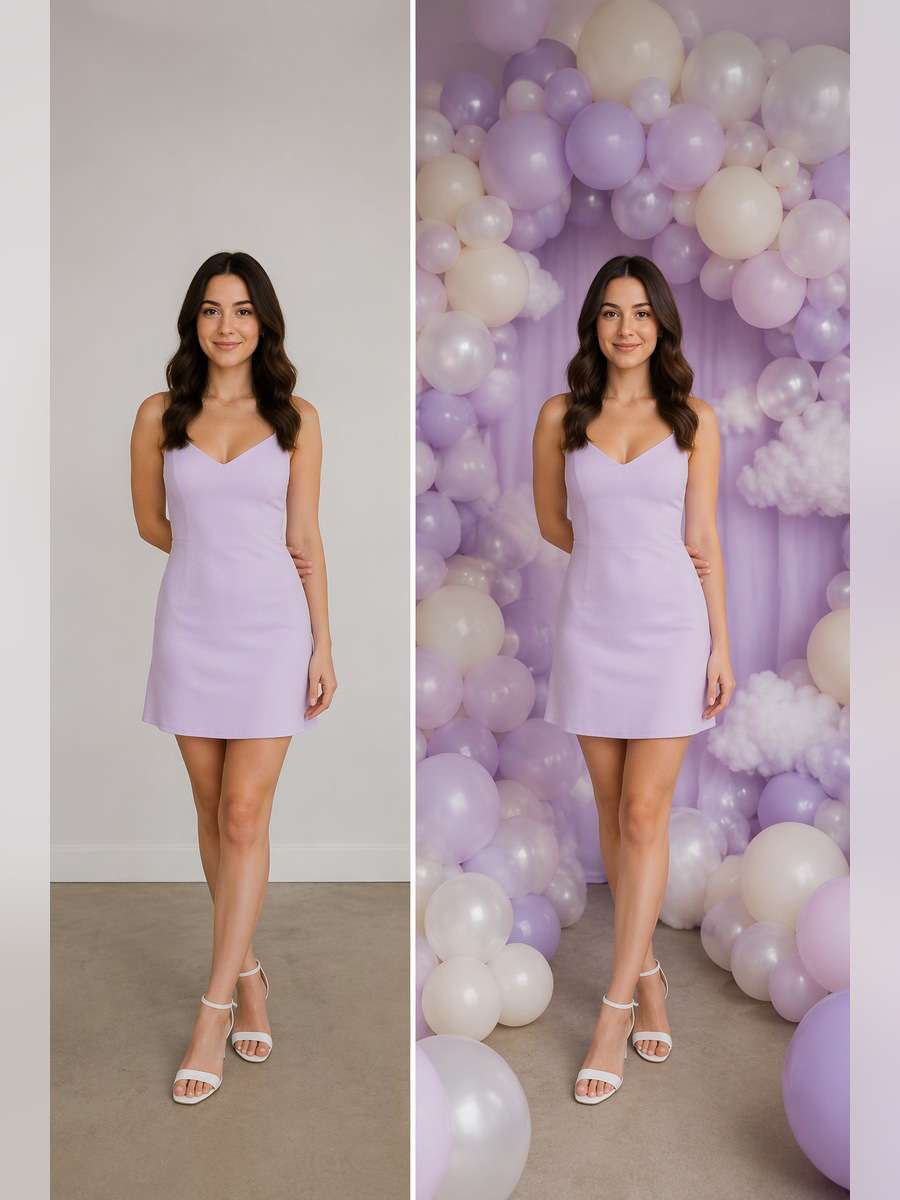 Soft Lilac Cloud Balloons — illustrative image-to-image before and after