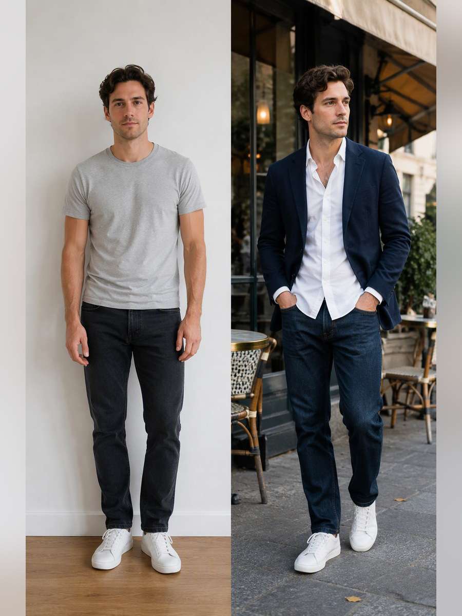 Navy Blazer with Dark Jeans — illustrative image-to-image before and after