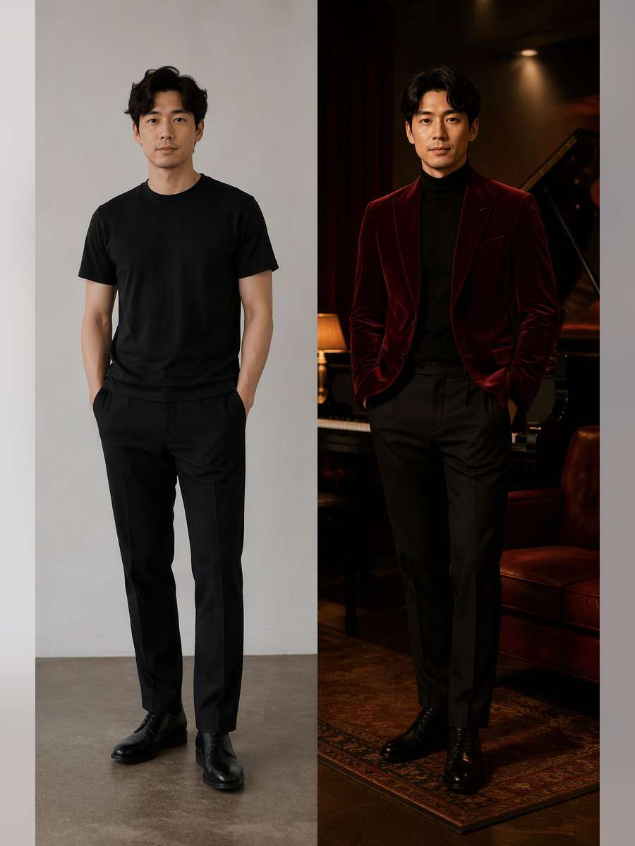 Burgundy Blazer Jazz Lounge — illustrative image-to-image before and after