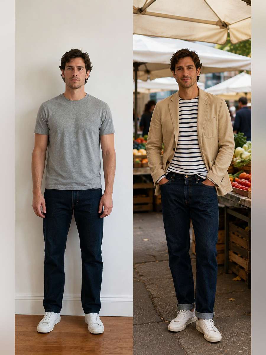 Textured Sand Blazer with Denim — illustrative image-to-image before and after