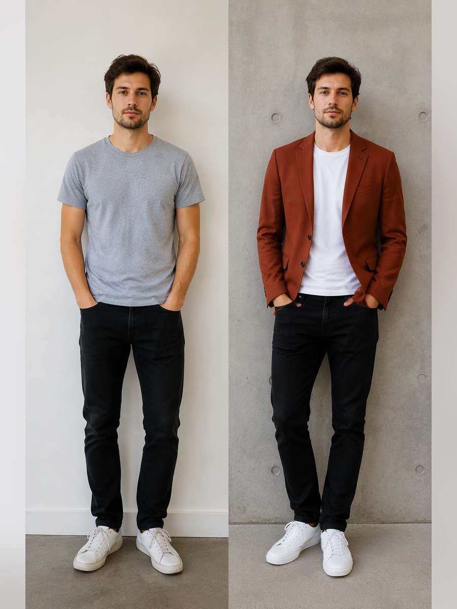 White Tee Under Earth-Tone Blazer — illustrative image-to-image before and after
