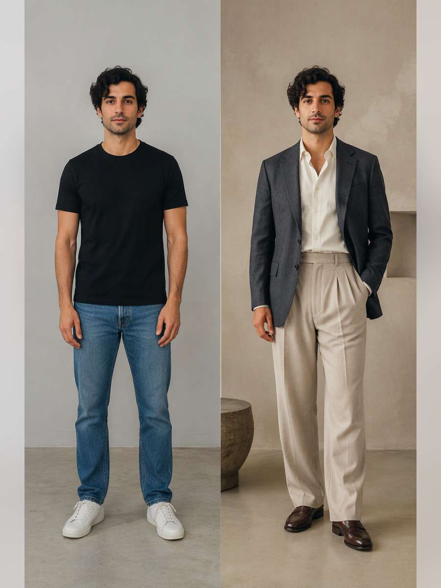 Tailored Blazer with Pleated Pants — illustrative image-to-image before and after