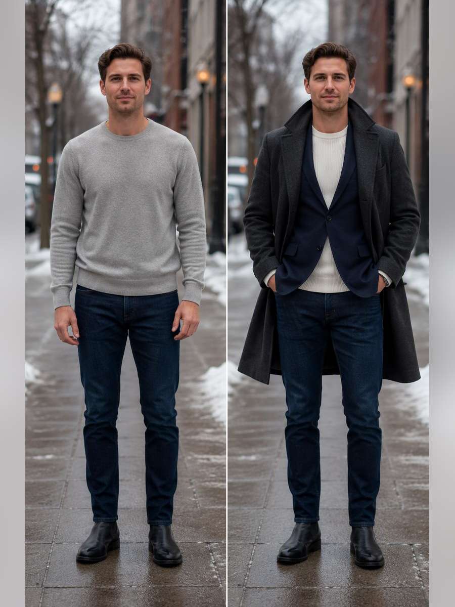 Winter Blazer Under Coat — illustrative image-to-image before and after