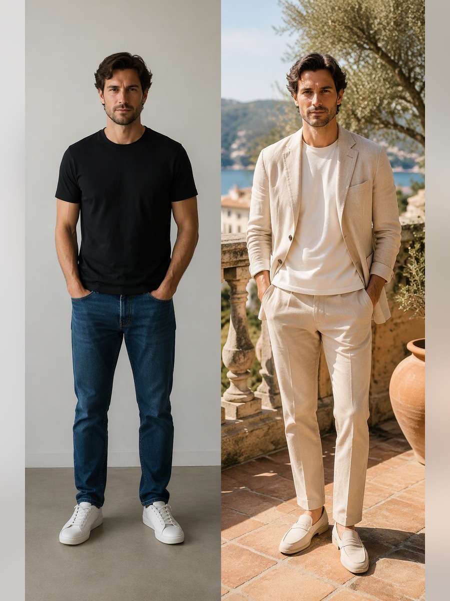 Beige Linen Terrace Look — illustrative image-to-image before and after