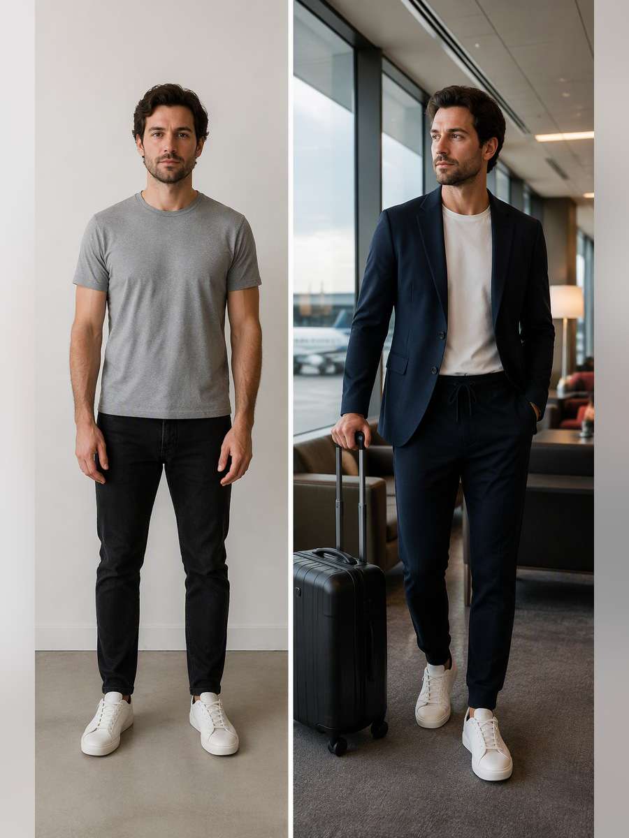 Travel Airport Smart Casual — illustrative image-to-image before and after