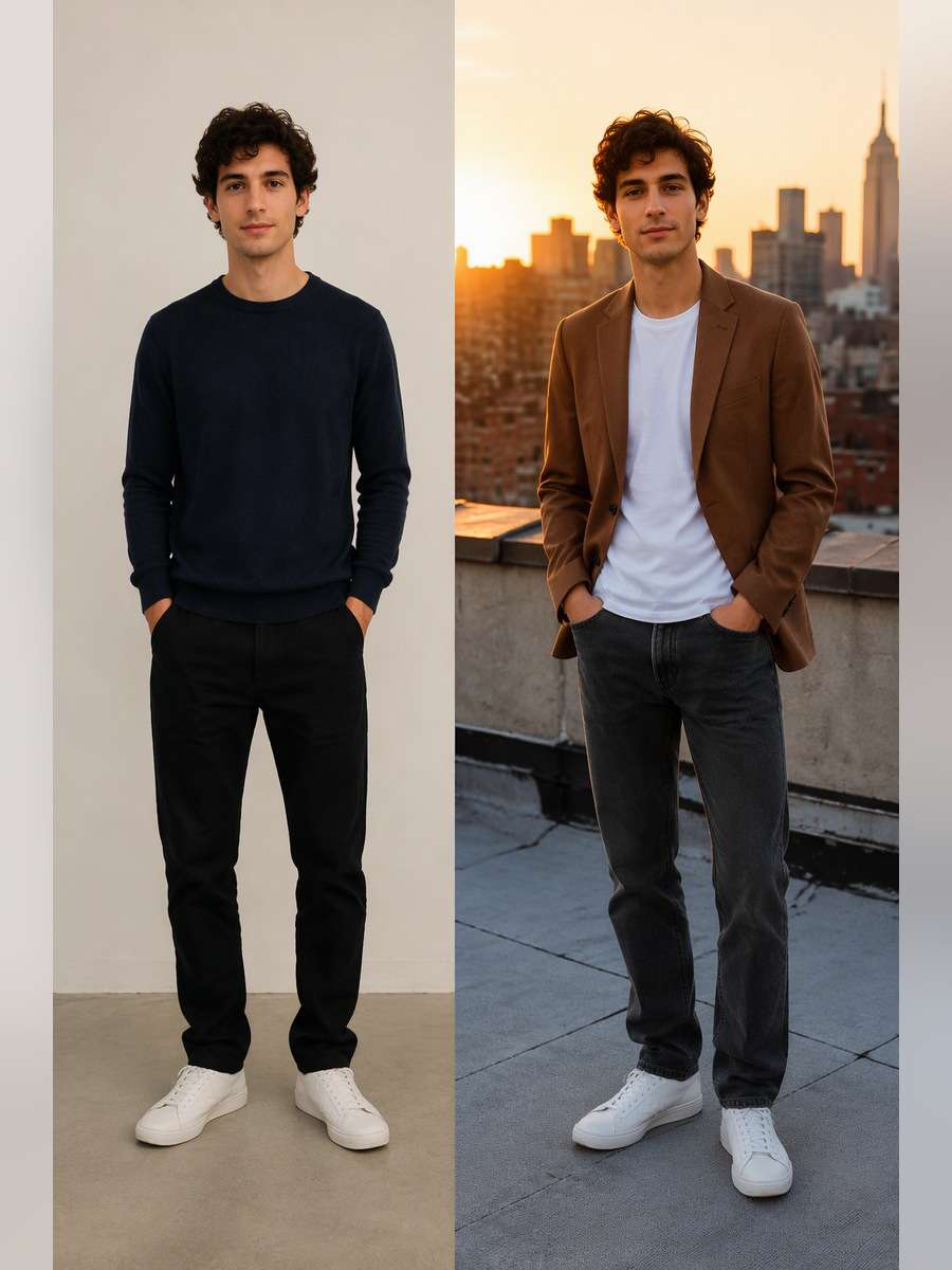 Golden-Hour Rooftop Outfit — illustrative image-to-image before and after