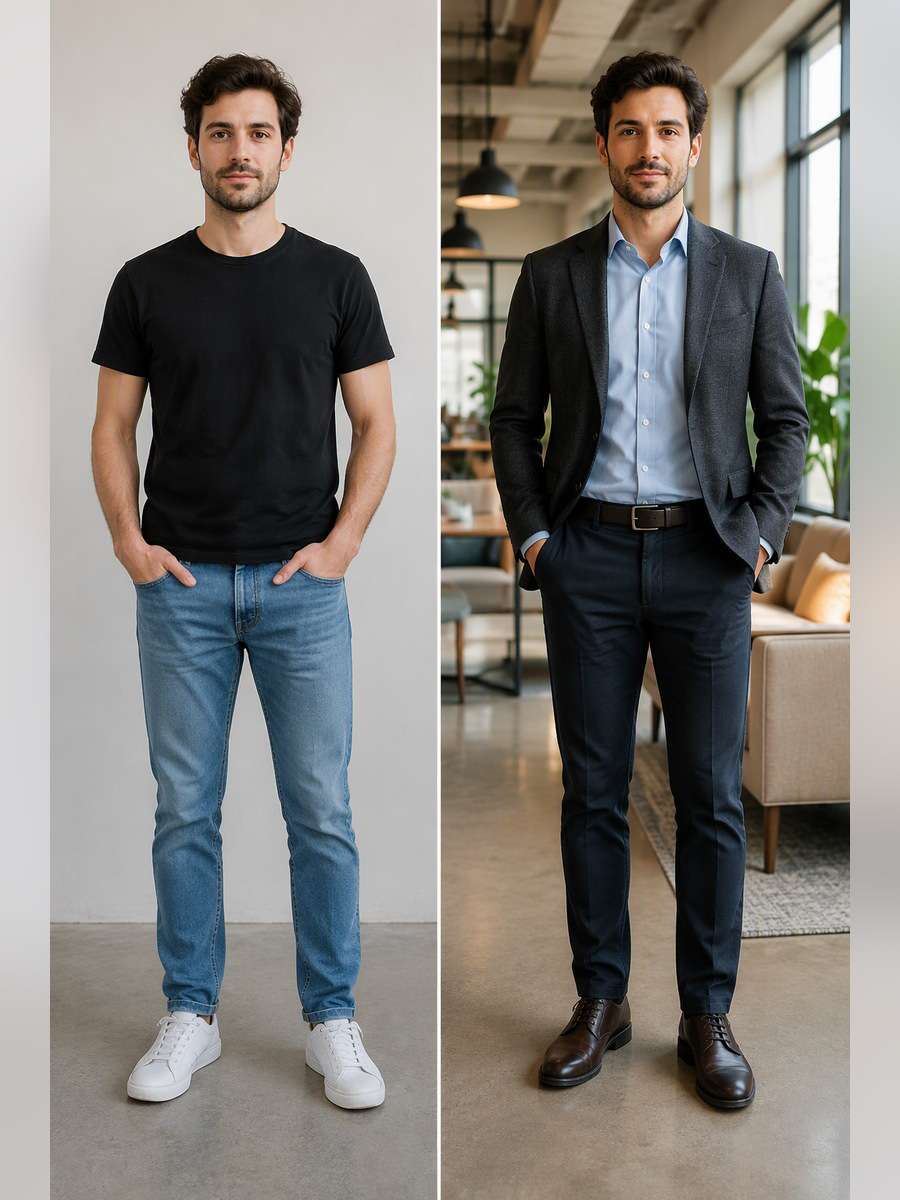 Charcoal Blazer Office Casual — illustrative image-to-image before and after
