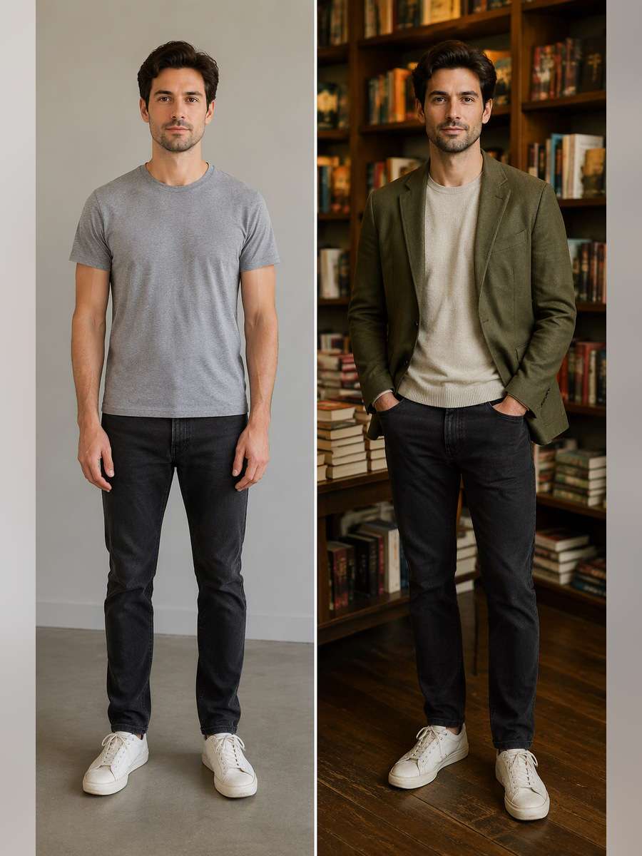Olive Blazer Bookstore Portrait — illustrative image-to-image before and after