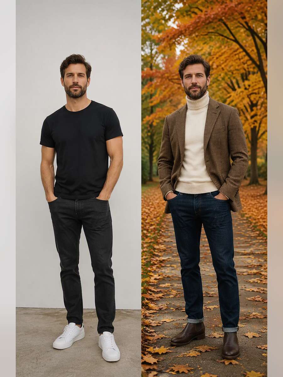 Brown Tweed Autumn Outfit — illustrative image-to-image before and after