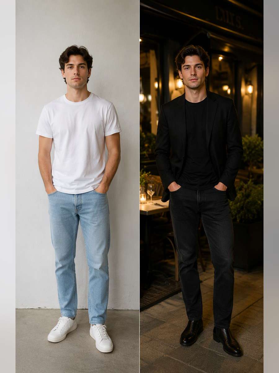 Black Blazer Date-Night Look — illustrative image-to-image before and after