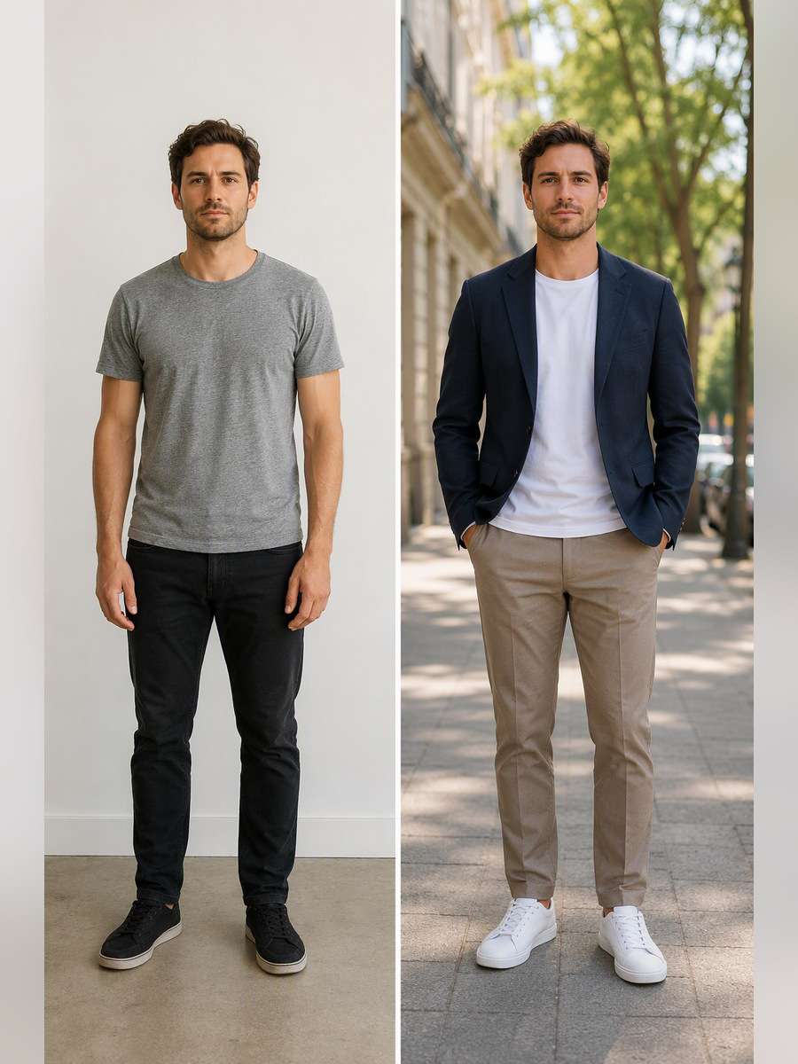 Navy Blazer and White Sneakers — illustrative image-to-image before and after