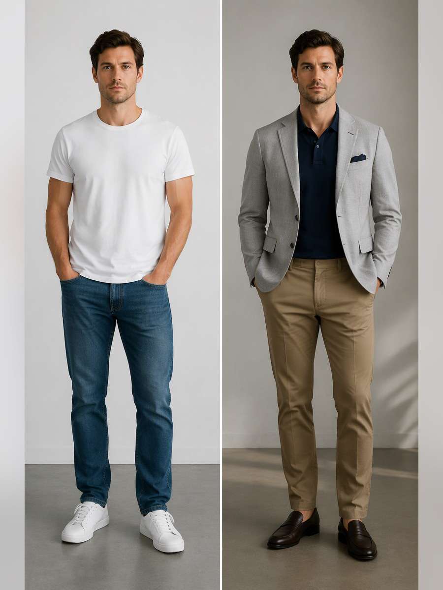 Soft Gray Blazer and Chinos — illustrative image-to-image before and after