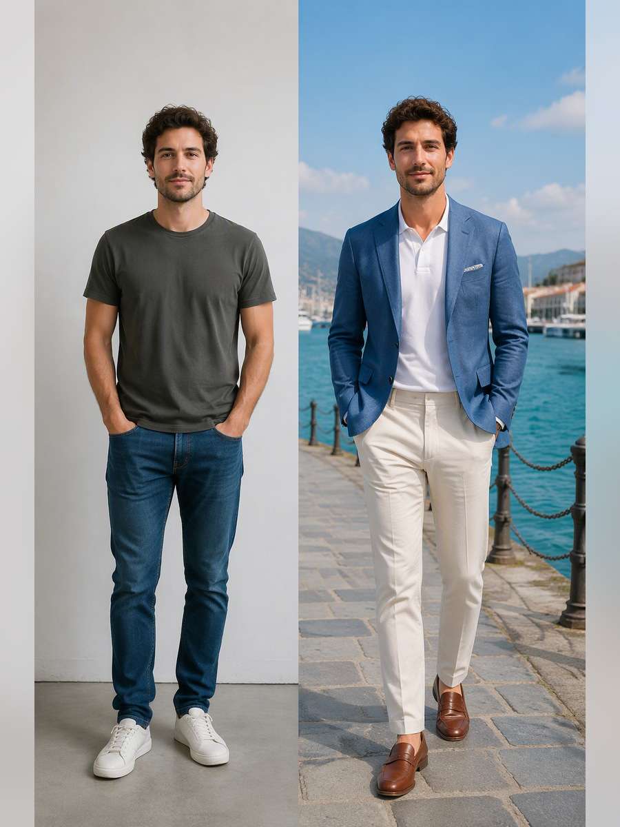 Blue Blazer Summer Harbor — illustrative image-to-image before and after