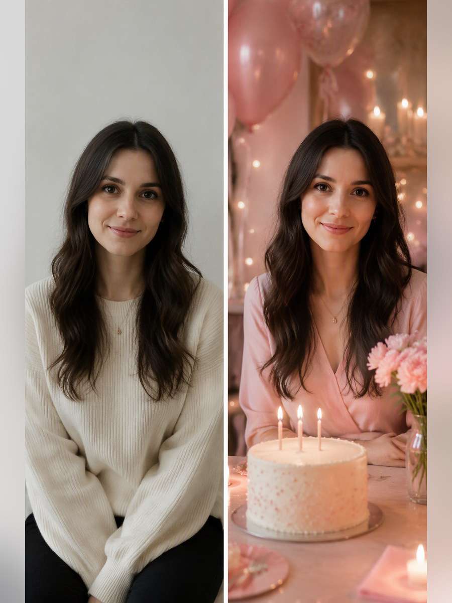 Soft Pink Birthday Wish — illustrative image-to-image before and after